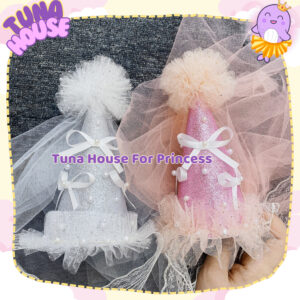 Mũ chóp sinh nhật nón nhũ lấp lánh đính nơ kèm voan cô dâu công chúa kiểu Hàn Quốc cho bé gái - Tuna House For Princess