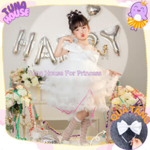 [𝐇𝐎̉𝐀 𝐓𝐎̂́𝐂] [Sẵn 9-40kg] Váy đầm xoè công chúa thiết kế cho bé gái choàng vai nhún bèo - Tuna House For Princess