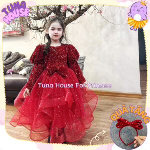 [𝐇𝐎̉𝐀 𝐓𝐎̂́𝐂][Sẵn 8-40kg] Váy đầm xoè công chúa nhung đỏ kim sa tay dài mặc Noel, Tết cho bé gái- Tuna House For Princess