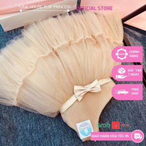 [Sẵn size 6-40kg] Váy đầm xoè công chúa thiết kế cho bé gái nâu be lệch vai phong cách vintage - Tuna House For Princess