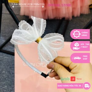 Băng đô bờm cài tóc Handmade hình nơ màu trắng bèo nhún cho bé gái diện váy công chúa thiết kế (BT75)