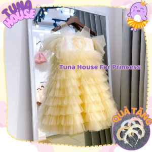 [Sẵn size 9-40kg] Váy đầm xoè công chúa thiết kế cho bé gái trễ vai kim sa nhiều tầng màu be - Tuna House For Princess