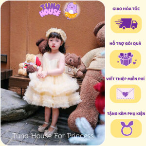 [𝐇𝐎̉𝐀 𝐓𝐎̂́𝐂] [Sẵn 9-40kg] Váy đầm xoè công chúa thiết kế cho bé gái ngực chéo tùng xòe màu be - Tuna House For Princess
