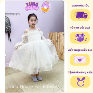 [Sẵn size 9-40kg] Váy đầm xoè công chúa thiết kế cho bé gái làm phù dâu tay dài nhún bèo xinh - Tuna House For Princess