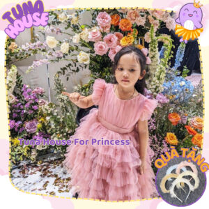 [Sẵn size 6 - 40kg] Váy đầm xoè công chúa thiết kế cho bé gái siêu tầng hồng tay cộc dáng ngắn - Tuna House For Princess