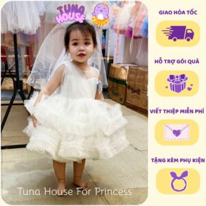 [𝐇𝐎̉𝐀 𝐓𝐎̂́𝐂] [Sẵn 9-40kg] Váy đầm xoè công chúa thiết kế cho bé gái ngực chéo trắng cá tính - Tuna House For Princess