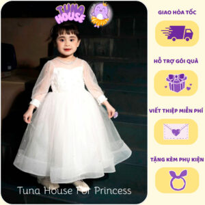 [Sẵn size 9-40kg] Váy đầm xoè công chúa thiết kế cho bé gái làm phù dâu tay dài đính hạt xinh - Tuna House For Princess