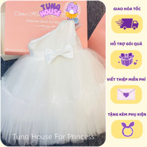 [𝐇𝐎̉𝐀 𝐓𝐎̂́𝐂][Sẵn 6-40kg] Váy đầm xoè công chúa thiết kế cho bé gái lệch vai trắng cá tính - Tuna House For Princess
