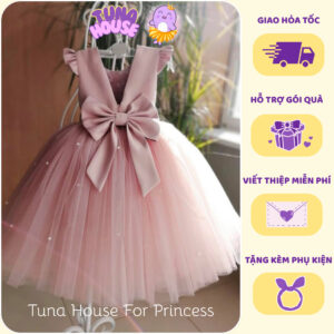 [𝐇𝐎̉𝐀 𝐓𝐎̂́𝐂][Sẵn 7-50kg] Váy đầm xoè công chúa thiết kế cho bé gái Rachel hồng mix hạt - Tuna House For Princess