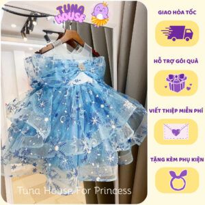 [𝐇𝐎̉𝐀 𝐓𝐎̂́𝐂][Sẵn 9-40kg] Váy đầm xoè hóa trang công chúa Elsa xanh bồng bềnh dài cho bé gái- Tuna House For Princess