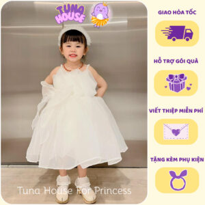 [𝐇𝐎̉𝐀 𝐓𝐎̂́𝐂][Sẵn 7-40kg] Váy đầm xoè công chúa thiết kế cho bé gái Flora xếp lớp ngực xinh xắn - Tuna House For Princess