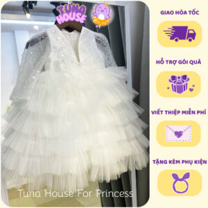 [𝐇𝐎̉𝐀 𝐓𝐎̂́𝐂][Sẵn 9-40kg] Váy đầm xoè công chúa tay dài kim sa lấp lánh layer dài cho bé gái - Tuna House For Princess