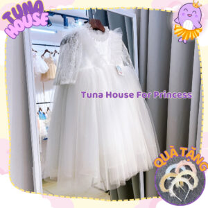 [Sẵn size 9-40kg] Váy đầm xoè công chúa thiết kế cho bé gái ren trắng dáng dài thướt tha - Tuna House For Princess