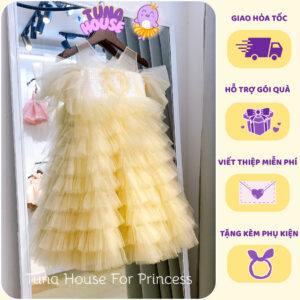 [Sẵn size 9-40kg] Váy đầm xoè công chúa thiết kế cho bé gái trễ vai kim sa nhiều tầng màu be - Tuna House For Princess