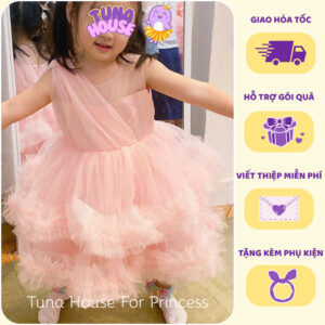[𝐇𝐎̉𝐀 𝐓𝐎̂́𝐂] [Sẵn 9-40kg] Váy đầm xoè công chúa thiết kế cho bé lệch vai nhún bèo siêu bồng - Tuna House For Princess
