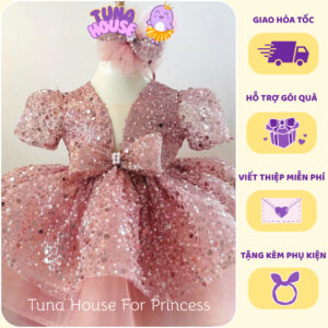 [𝐇𝐎̉𝐀 𝐓𝐎̂́𝐂] [Sẵn 9-40kg] Váy đầm xoè công chúa thiết kế cho bé gái kim sa lấp lánh siêu bồng - Tuna House For Princess