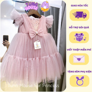 [Sẵn size 6-40kg] Váy đầm xoè công chúa cho bé gái kim sa đính nơ hồng tím siêu bồng bềnh - Tuna House For Princess
