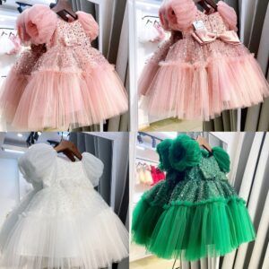 [𝐇𝐎̉𝐀 𝐓𝐎̂́𝐂] [Sẵn 9-40kg] Váy đầm xoè công chúa thiết kế kim sa tay cộc nhún bèo siêu cute  - Tuna House For Princess