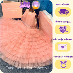 [𝐇𝐎̉𝐀 𝐓𝐎̂́𝐂][Sẵn 8-40kg] Váy đầm xoè công chúa thiết kế cho bé gái hồng đất nhiều tầng ngực yếm- Tuna House For Princess