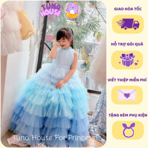 [𝐇𝐎̉𝐀 𝐓𝐎̂́𝐂] [Sẵn 9-50kg] Váy đầm xoè công chúa thiết kế cho bé gái ngực yếm tầng xanh ombre - Tuna House For Princess