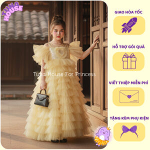 [Sẵn size 9-40kg] Váy đầm xoè công chúa thiết kế cho bé gái trễ vai kim sa nhiều tầng màu be - Tuna House For Princess