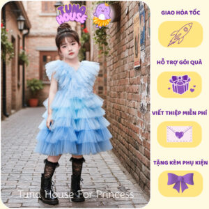 [𝐇𝐎̉𝐀 𝐓𝐎̂́𝐂] [Sẵn 9-40kg] Váy đầm xoè công chúa thiết kế cho bé gái Sara xanh ombre cá tính - Tuna House For Princess