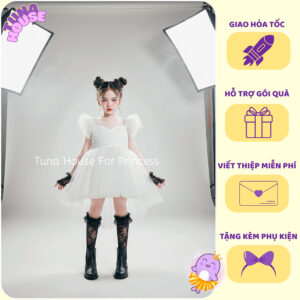 [𝐇𝐎̉𝐀 𝐓𝐎̂́𝐂] [Sẵn 9-35kg] Váy đầm xoè công chúa thiết kế cho bé đính lông chim trắng - Tuna House For Princess