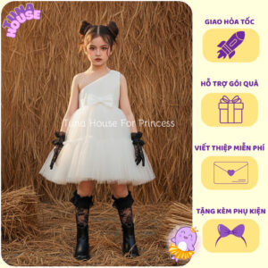 [𝐇𝐎̉𝐀 𝐓𝐎̂́𝐂][Sẵn 6-40kg] Váy đầm xoè công chúa thiết kế cho bé gái lệch vai trắng cá tính - Tuna House For Princess