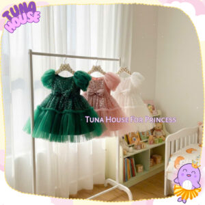 [𝐇𝐎̉𝐀 𝐓𝐎̂́𝐂] [Sẵn 9-40kg] Váy đầm xoè công chúa thiết kế kim sa tay cộc nhún bèo siêu cute  - Tuna House For Princess