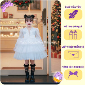 [𝐇𝐎̉𝐀 𝐓𝐎̂́𝐂][Sẵn 9-40kg] Váy đầm xoè công chúa thiết kế cho bé gái dài tay kim sa phù dâu - Tuna House For Princess