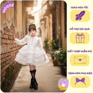 [𝐇𝐎̉𝐀 𝐓𝐎̂́𝐂] [Sẵn 9-40kg] Váy đầm xoè công chúa thiết kế cho bé gái kim sa dài tay trắng sang  - Tuna House For Princess