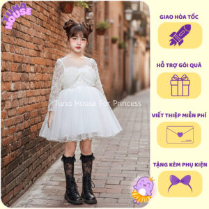 [𝐇𝐎̉𝐀 𝐓𝐎̂́𝐂][Sẵn 7-40kg] Váy đầm xoè công chúa thiết kế cho bé gái ren hoa 3D xuyên thấu slay - Tuna House For Princess