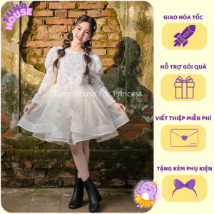 [𝐇𝐎̉𝐀 𝐓𝐎̂́𝐂][Sẵn 7-40kg] Váy đầm xoè công chúa thiết kế cho bé gái kim sa trắng lấp lánh - Tuna House For Princess