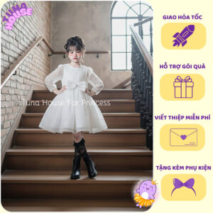 [𝐇𝐎̉𝐀 𝐓𝐎̂́𝐂] [Sẵn 9-40kg] Váy đầm xoè công chúa thiết kế cho bé gái dài tay kim sa trắng tinh tế-Tuna House For Princess