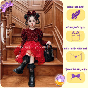 [𝐇𝐎̉𝐀 𝐓𝐎̂́𝐂][Sẵn 8-40kg] Váy đầm xoè công chúa nhung đỏ kim sa tay dài mặc Noel, Tết cho bé gái- Tuna House For Princess