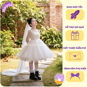 [𝐇𝐎̉𝐀 𝐓𝐎̂́𝐂][Sẵn 7-40kg] Váy đầm xoè công chúa thiết kế cho bé gái ren hoa 3D xuyên thấu slay - Tuna House For Princess