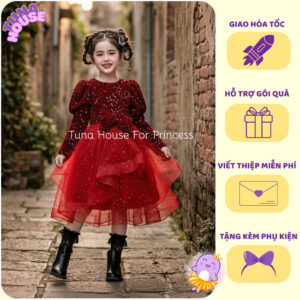 [𝐇𝐎̉𝐀 𝐓𝐎̂́𝐂][Sẵn 7-40kg] Váy đầm xoè công chúa thiết kế cho bé gái kim sa đỏ lấp lánh - Tuna House For Princess