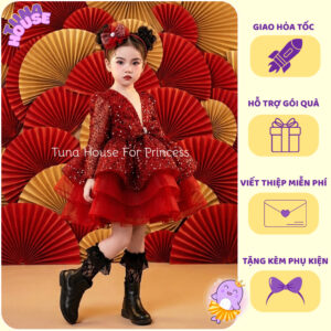[𝐇𝐎̉𝐀 𝐓𝐎̂́𝐂] [Sẵn 9-35kg] Váy đầm xoè công chúa cho bé gái kim sa dài tay đỏ mặc giáng sinh Noel Tết - Tuna House For Pr