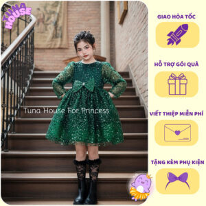 [𝐇𝐎̉𝐀 𝐓𝐎̂́𝐂] [Sẵn 9-40kg] Váy đầm xoè công chúa thiết kế cho bé gái dài tay kim sa màu xanh thông Noel giáng sinh
