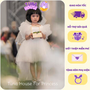 [𝐇𝐎̉𝐀 𝐓𝐎̂́𝐂][Sẵn 7-36kg] Váy đầm xoè công chúa thiết kế cho bé gái cánh tiên đuôi cá trắng - Tuna House For Princess