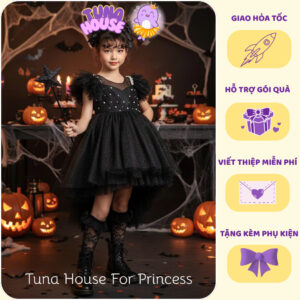 [𝐇𝐎̉𝐀 𝐓𝐎̂́𝐂] [Sẵn 9-35kg] Váy đầm xoè công chúa thiết kế cho bé dáng đuôi cá đen đính lông chim-Tuna House For Princess
