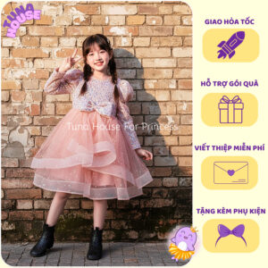 [𝐇𝐎̉𝐀 𝐓𝐎̂́𝐂][Sẵn 7-40kg] Váy đầm xoè công chúa thiết kế cho bé gái kim sa hồng cute lấp lánh - Tuna House For Princess