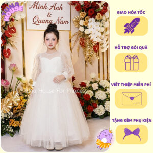[Sẵn size 9-40kg] Váy đầm xoè công chúa thiết kế cho bé gái làm phù dâu tay dài đính hạt xinh - Tuna House For Princess