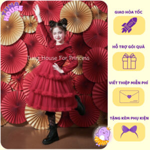 [𝐇𝐎̉𝐀 𝐓𝐎̂́𝐂][Sẵn 10-50kg] Váy đầm xoè công chúa thiết kế cho bé nhung kim sa đỏ mặc Tết - Tuna House For Princess
