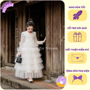 [𝐇𝐎̉𝐀 𝐓𝐎̂́𝐂][Sẵn 9-40kg] Váy đầm xoè công chúa tay dài kim sa lấp lánh layer dài cho bé gái - Tuna House For Princess