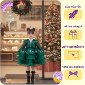 [Sẵn size 9-40kg] Váy đầm xoè công chúa cho bé gái dài tay xanh lá mặc Noel giáng sinh cute  - Tuna House For Princess