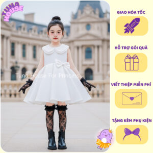 [𝐇𝐎̉𝐀 𝐓𝐎̂́𝐂] [Sẵn 7-40kg] Váy đầm xoè công chúa thiết kế cho bé gái sát nách cổ sen vải Taffa - Tuna House For Princess