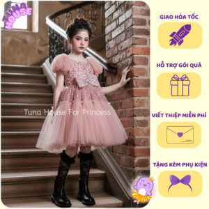 [𝐇𝐎̉𝐀 𝐓𝐎̂́𝐂][Sẵn 9-40kg] Váy đầm xoè công chúa thiết kế cho bé gái kim sa hồng siêu sang chảnh - Tuna House For Princess