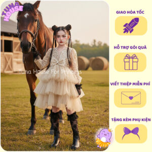 [𝐇𝐎̉𝐀 𝐓𝐎̂́𝐂][Sẵn 9-50kg] Váy đầm xoè công chúa thiết kế cho bé gái kim sa dài tay nâu be sang  - Tuna House For Princess