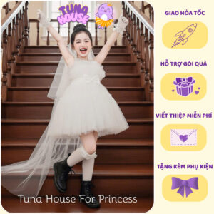 [𝐇𝐎̉𝐀 𝐓𝐎̂́𝐂] [Sẵn 7-40kg] Váy đầm xoè công chúa thiết kế cho bé gái Rosa trắng xếp ngực - Tuna House For Princess